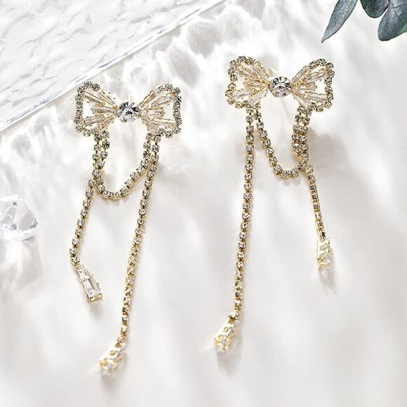 925 Silver Bow Retro Tassels Simulated Diamond Long Earrings Hypoallergenic - Picture 3 of 7